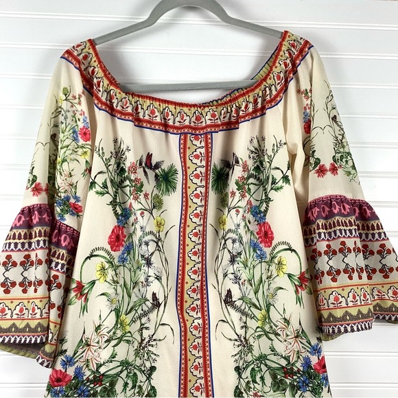 Umgee Border Bell Sleeve Dress -Natural Size Small Off Shoulder Shift Mini Dress - Picture 9 of 11